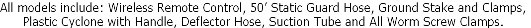 All models include: Wireless Remote Control, 50’ Static Guard Hose, Ground Stake and Clamps,
Plastic Cyclone with Handle, Deflector Hose, Suction Tube and All Worm Screw Clamps.